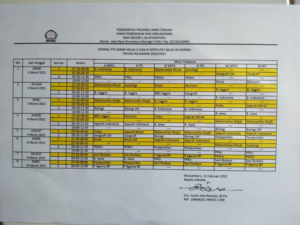 JADWAL PTS DAN PAS – SMA NEGERI 1 WURYANTORO